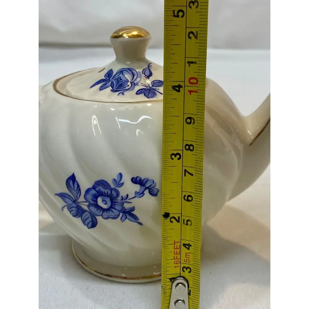 Windsor England Blue White Floral Teapot Individual Size Gold Trim